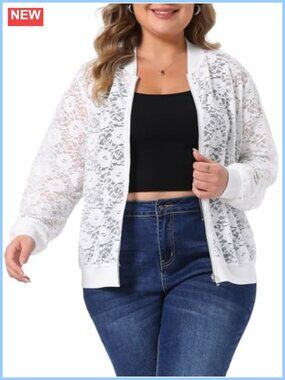 Plus Size Sheer Floral Lace Zip Up Long Sleeve Lightweight Baseball Jacket